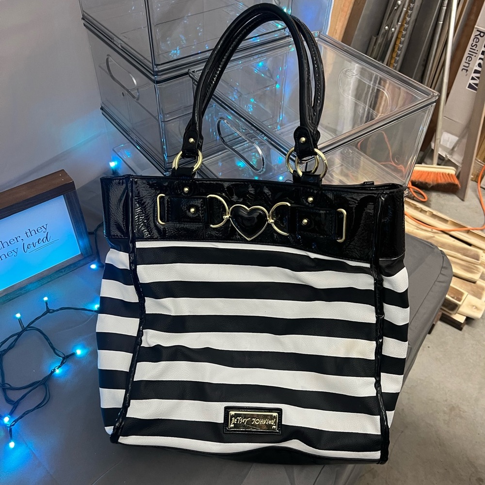 Betsy Johnson large black and white striped tote